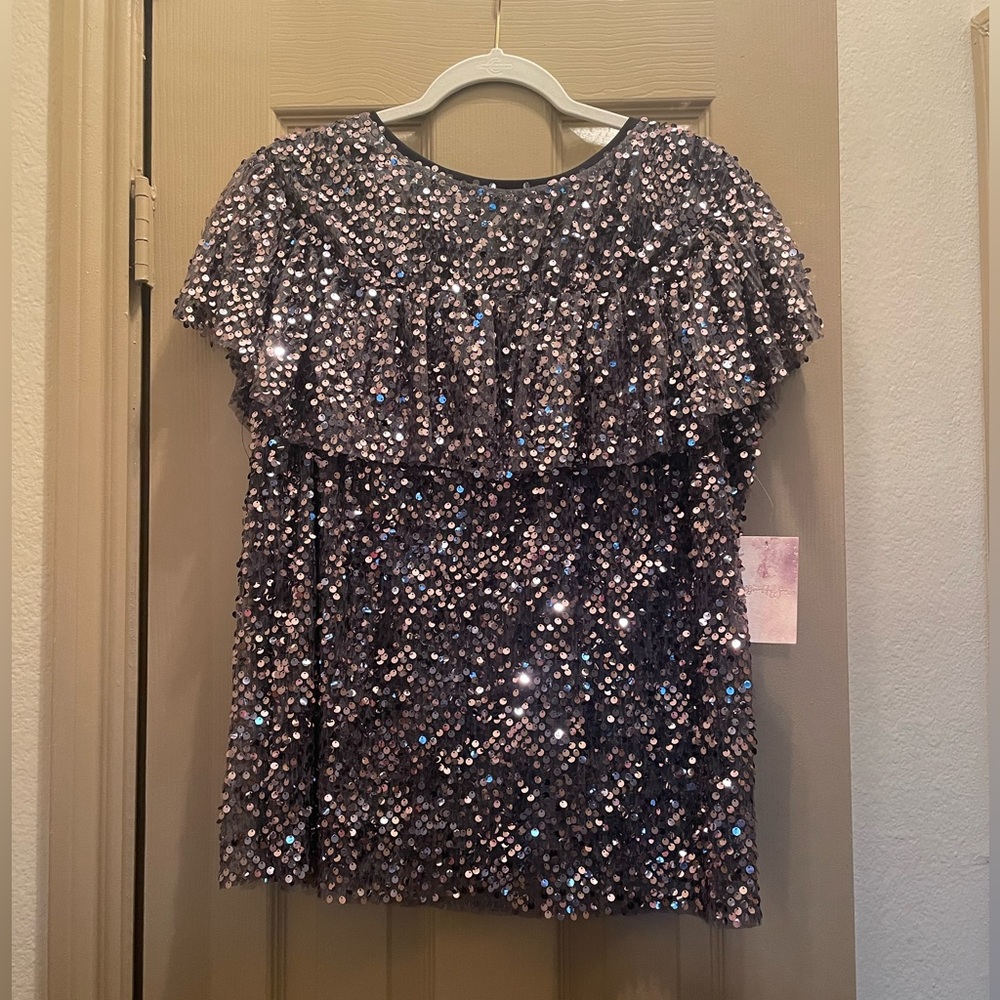 A’Beautiful Soul (by Altar’d State) Charcoal Gray Sequin Ruffle Top